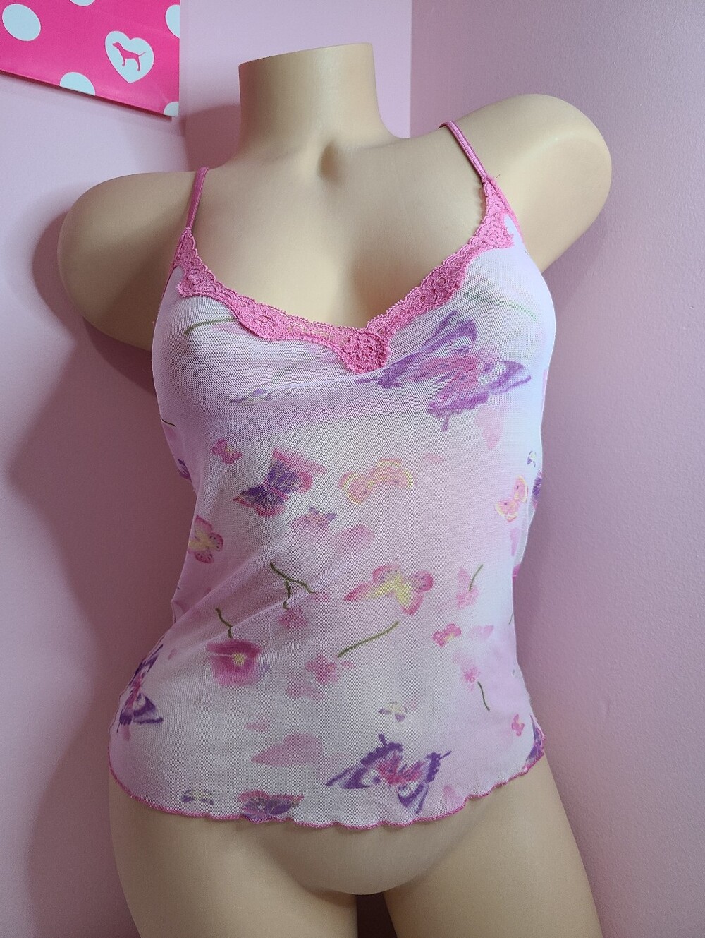 Super RARE VTG Victoria's Secret Sheer Butterfly Mesh Coquette Cami Size M